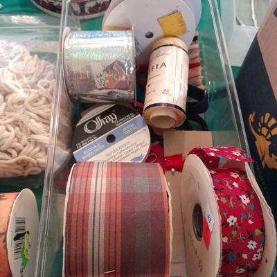 Large assortment of Vintage ribbon, Springtime cottage cross stitch kit, and decoupage tools