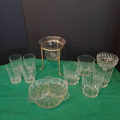 Set of 8 drinking glasses, a candle vase, and a treat dish