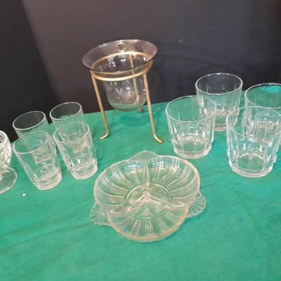 Set of 8 drinking glasses, a candle vase, and a treat dish