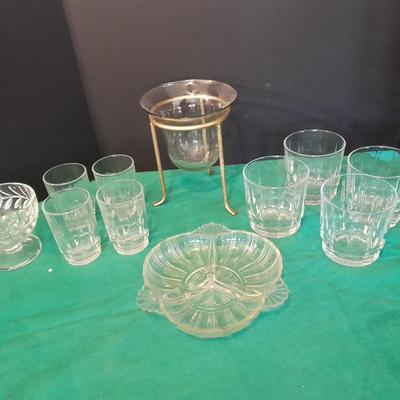 Set of 8 drinking glasses, a candle vase, and a treat dish