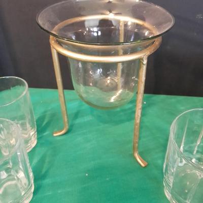 Set of 8 drinking glasses, a candle vase, and a treat dish
