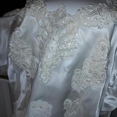 Beautiful, elegant wedding gown size 18 in cardboard storage chest