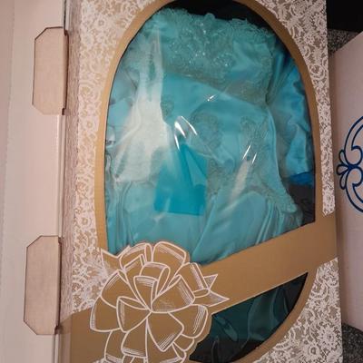 Beautiful, elegant wedding gown size 18 in cardboard storage chest