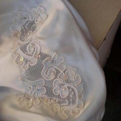 Beautiful, elegant wedding gown size 18 in cardboard storage chest