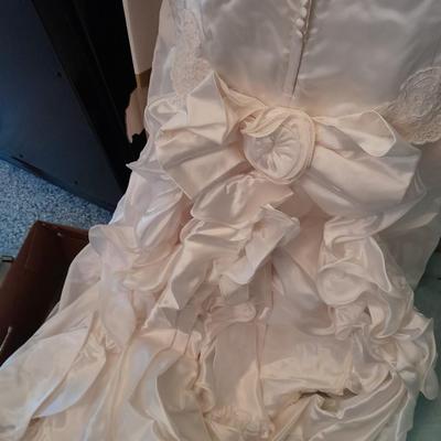 Beautiful, elegant wedding gown size 18 in cardboard storage chest