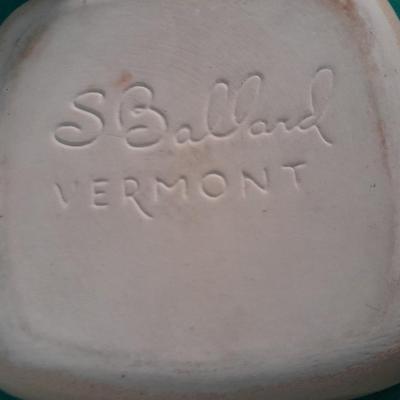 Crock ware, McCoy handled soup bowls, S Ballard platter, and three clay dishes