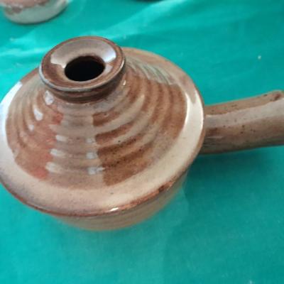Crock ware, McCoy handled soup bowls, S Ballard platter, and three clay dishes
