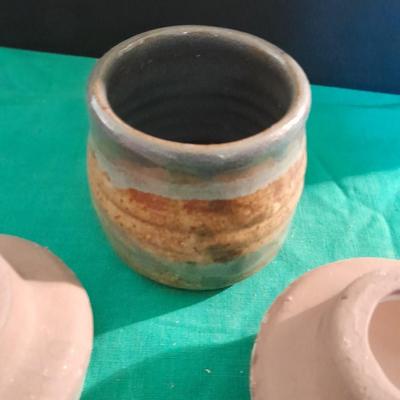 Crock ware, McCoy handled soup bowls, S Ballard platter, and three clay dishes