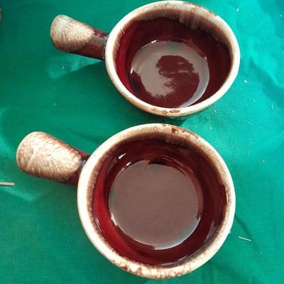 Crock ware, McCoy handled soup bowls, S Ballard platter, and three clay dishes