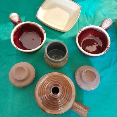 Crock ware, McCoy handled soup bowls, S Ballard platter, and three clay dishes
