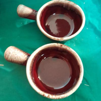 Crock ware, McCoy handled soup bowls, S Ballard platter, and three clay dishes