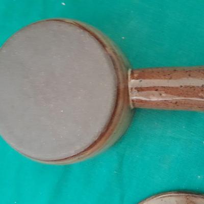 Crock ware, McCoy handled soup bowls, S Ballard platter, and three clay dishes