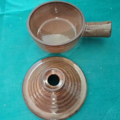 Crock ware, McCoy handled soup bowls, S Ballard platter, and three clay dishes