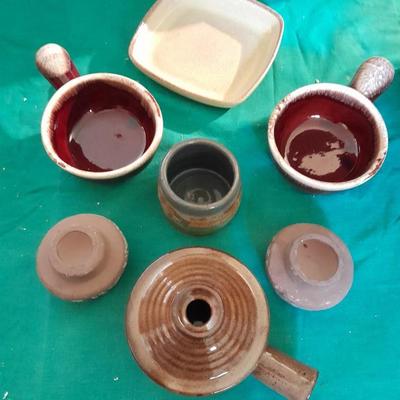 Crock ware, McCoy handled soup bowls, S Ballard platter, and three clay dishes