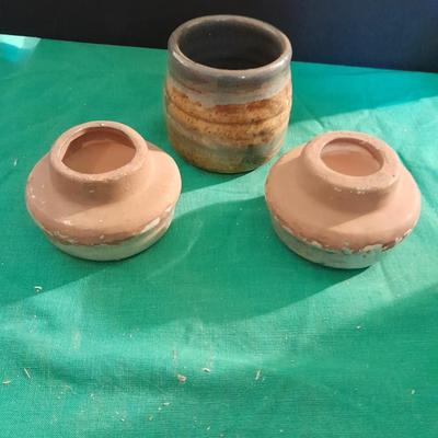 Crock ware, McCoy handled soup bowls, S Ballard platter, and three clay dishes