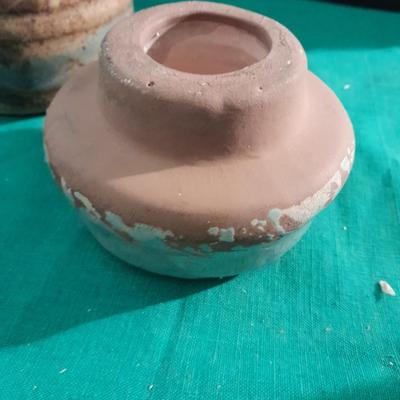 Crock ware, McCoy handled soup bowls, S Ballard platter, and three clay dishes