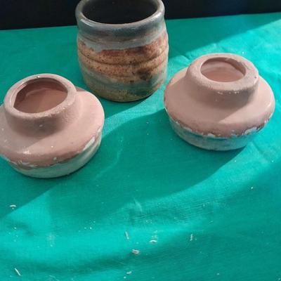 Crock ware, McCoy handled soup bowls, S Ballard platter, and three clay dishes