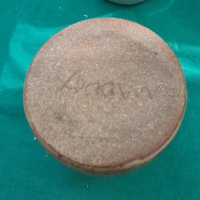 Crock ware, McCoy handled soup bowls, S Ballard platter, and three clay dishes