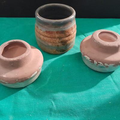 Crock ware, McCoy handled soup bowls, S Ballard platter, and three clay dishes