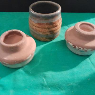 Crock ware, McCoy handled soup bowls, S Ballard platter, and three clay dishes