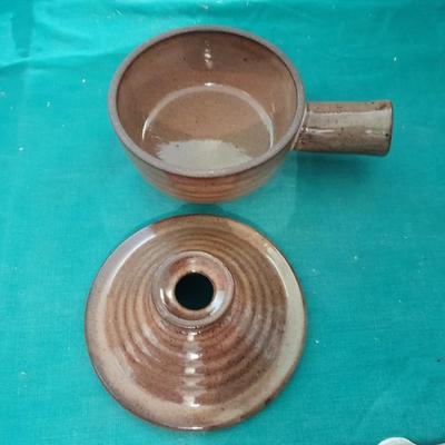 Crock ware, McCoy handled soup bowls, S Ballard platter, and three clay dishes