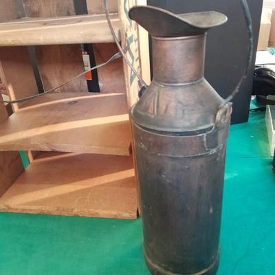 Divided wooden J.D. Martin California crate and tin vase with handle.