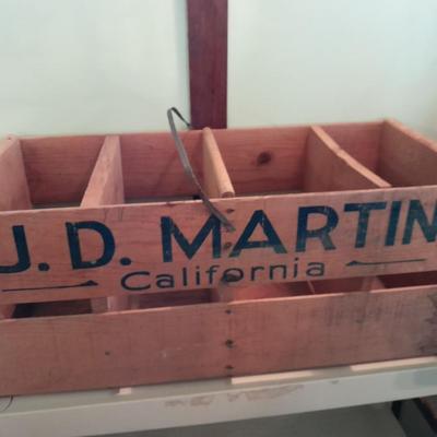 Divided wooden J.D. Martin California crate and tin vase with handle.