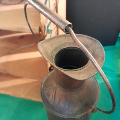 Divided wooden J.D. Martin California crate and tin vase with handle.