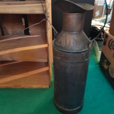 Divided wooden J.D. Martin California crate and tin vase with handle.