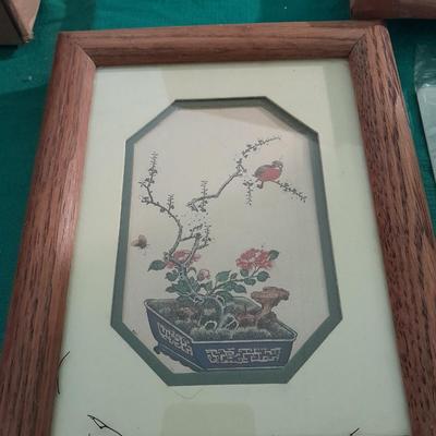 Vintage Asian themed framed bird pictures