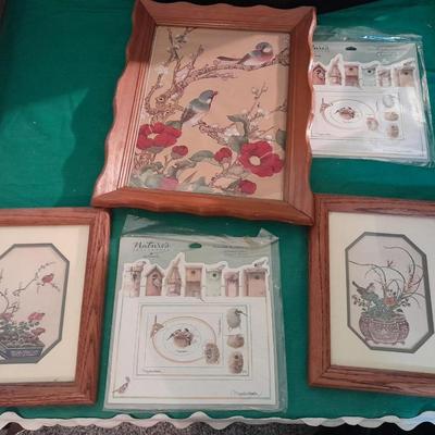 Vintage Asian themed framed bird pictures