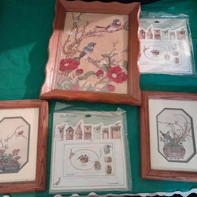 Vintage Asian themed framed bird pictures