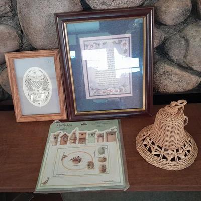 Framed friends poems, Bird house magnet frames, and a wicker bell
