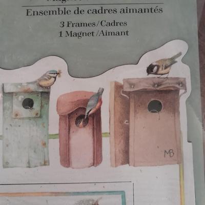 Framed friends poems, Bird house magnet frames, and a wicker bell