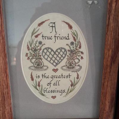Framed friends poems, Bird house magnet frames, and a wicker bell