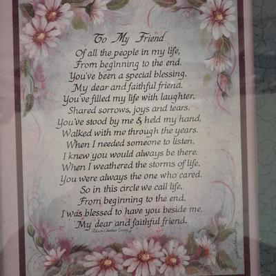 Framed friends poems, Bird house magnet frames, and a wicker bell