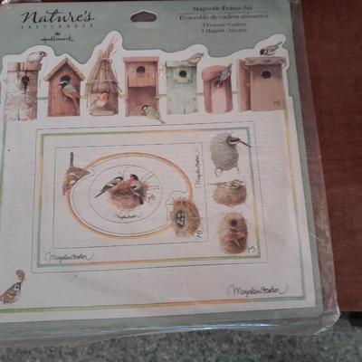 Framed friends poems, Bird house magnet frames, and a wicker bell