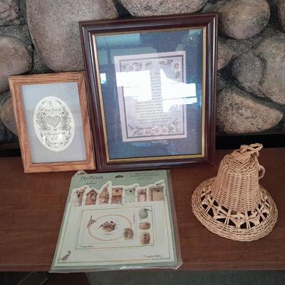 Framed friends poems, Bird house magnet frames, and a wicker bell