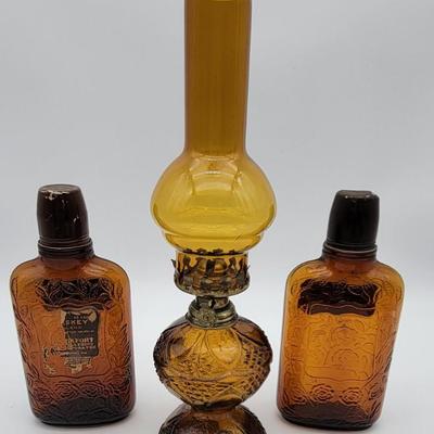 Vintage Whiskey Bottles and Oil Lamp