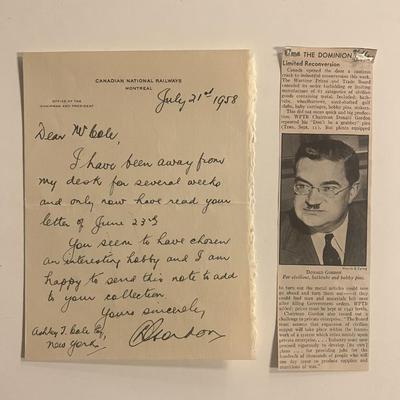 Former President of the Canadian National Railways Donald Gordon signed letter with newspaper clipping 