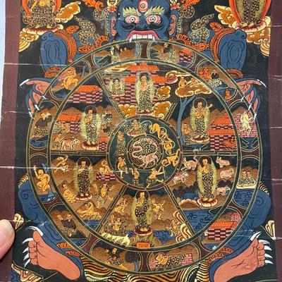 Vintage Small Hand Painted Tibetan Wheel of Life Thangka Mandala