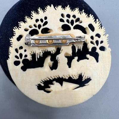 Vintage Asian Carved Bone Horn Art Pin Detailed Brooch