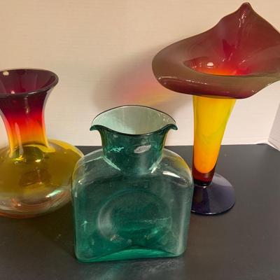 Blenko Multicolor Vase Water Pitcher Lot 2 Signed