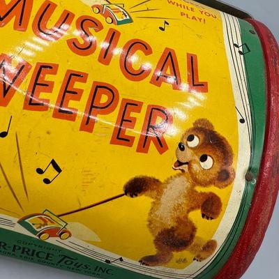 Vintage Musical Sweeper Fisher Price Little Bear Push Toy Music Box Sweeper