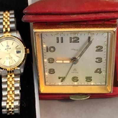 Vintage 15 Jewel Swiss Travel Clock & Diamond Quartz Watch -Lot 237