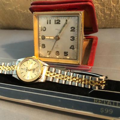 Vintage 15 Jewel Swiss Travel Clock & Diamond Quartz Watch -Lot 237