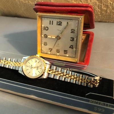 Vintage 15 Jewel Swiss Travel Clock & Diamond Quartz Watch -Lot 237