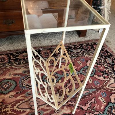 White Metal Glass Top Side Table / Magazine Holder -Lot 232