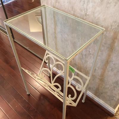 White Metal Glass Top Side Table / Magazine Holder -Lot 232