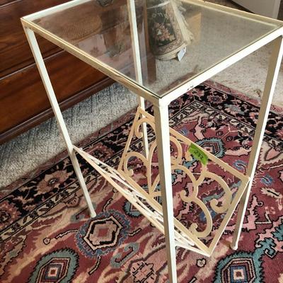 White Metal Glass Top Side Table / Magazine Holder -Lot 232